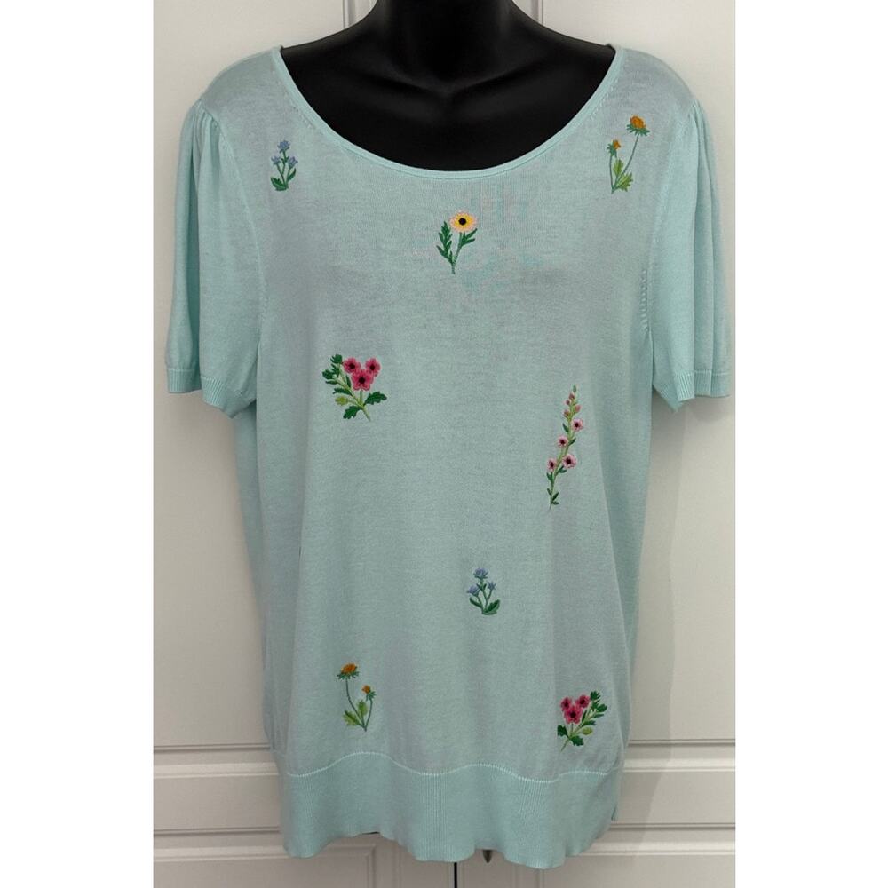 Talbots Light Blue Cotton Blend Sweater w/Embroidered Wildflowers Size L